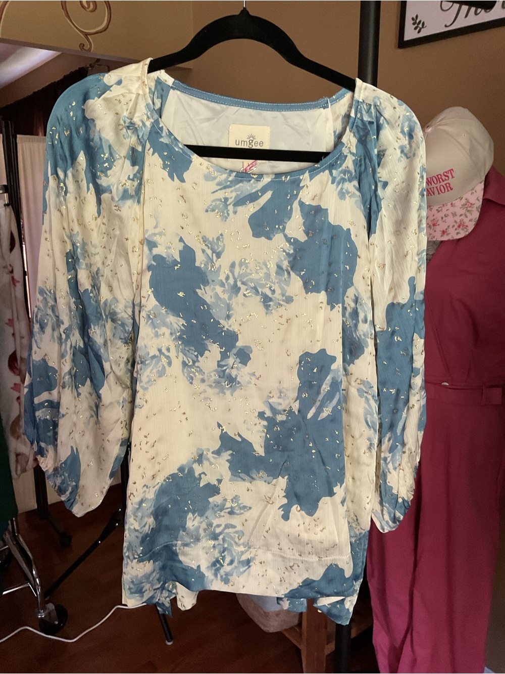 Umgee Blue & White Tie-Dye Pullover Blouse